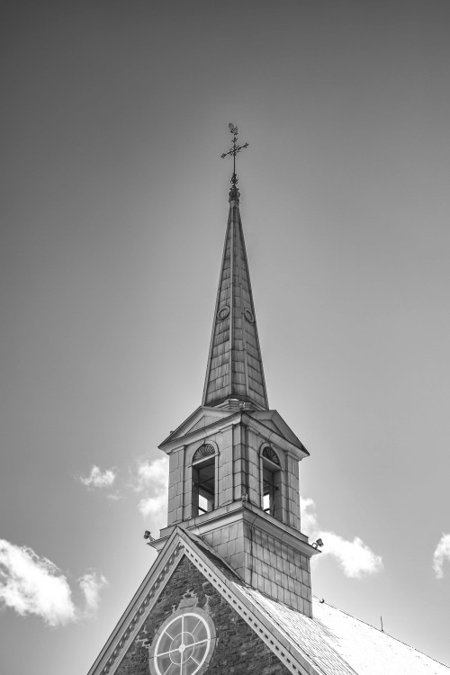 Église, church, pignon, noir et blanc, black and white, religion, chrétien, catholique, catholism, vieux, bâtiment, histoire, old, Québec, Quebec, Canada, clocher